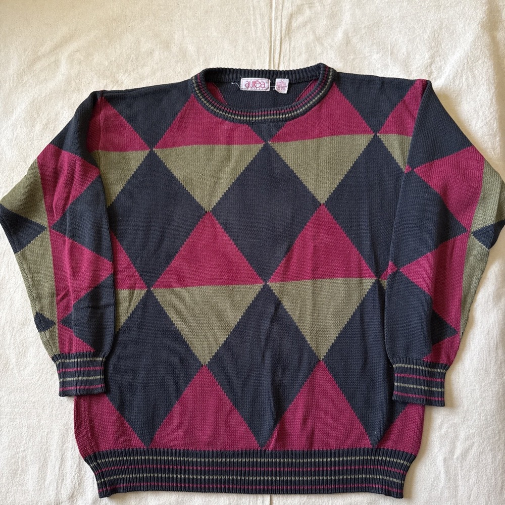 Vintage Aurea Color Block Nautical Graphic Knit Sweater Sz L Preppy 90s
